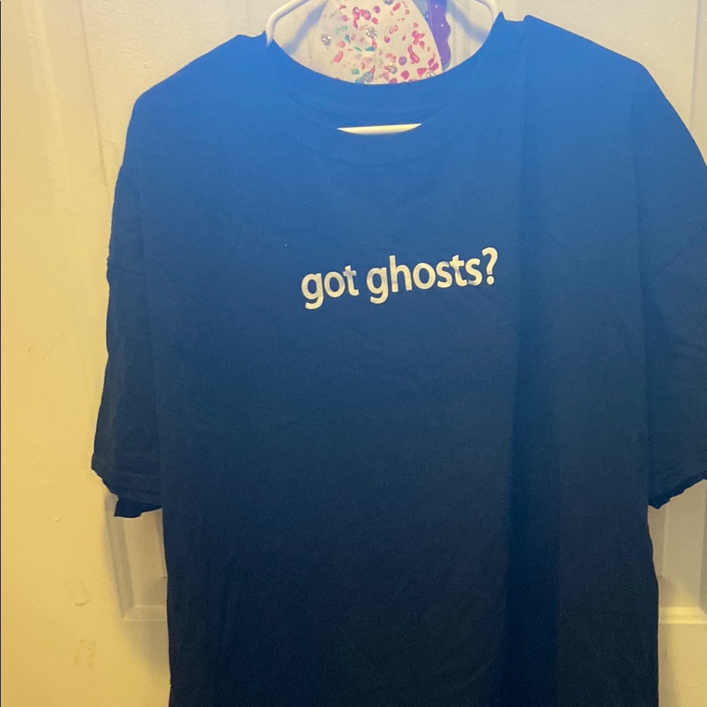 Blue Short Sleeve Tee with 'got ghosts?' Graphic